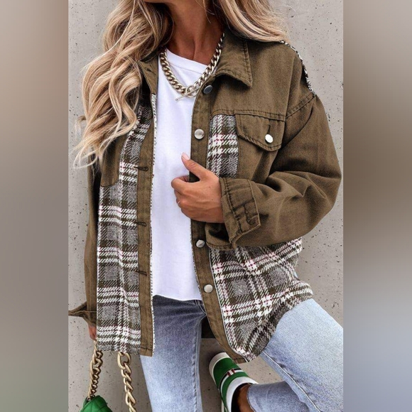 Jackets & Blazers - NEW WITH TAGS Small Brown Denim & Plaid Jacket